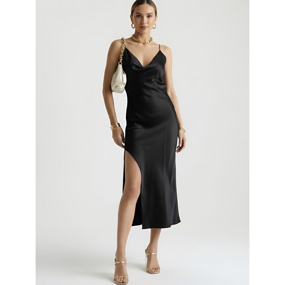 Zara Ruched Side Satin Effect Slip Dress Black XS NWT